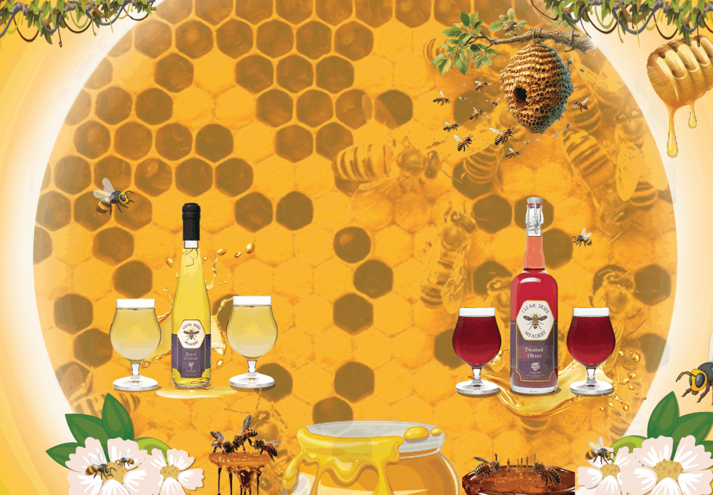 Mead bottles and a glasses filled with mead
